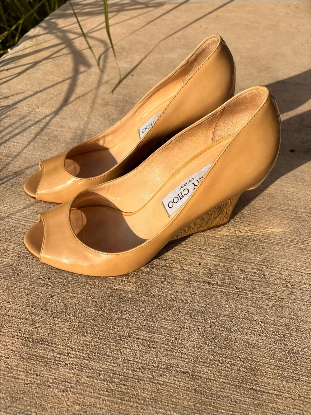 Jimmy Choo Beige Patent Peep-Toe Wedge Pumps